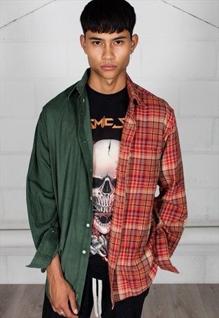 VINTAGE CORDUROY CHECKED FLANNEL RECONSTRUCTED UNISEX SHIRT