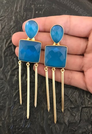 STATEMENT DESIGN FAUX AQUAMARINE BRASS SPOKE EARRINGS