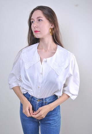 70S WHITE BOW COLLAR FLOWERS WOMEN BLOUSE