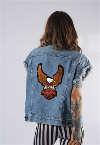 VINTAGE DENIM WAISTCOAT JACKET OVERSIZED FITTED UK 14 (HD1G)
