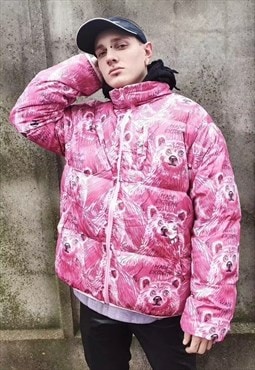 Teddy reversible bomber bear cartoon rave puffer jacket pink