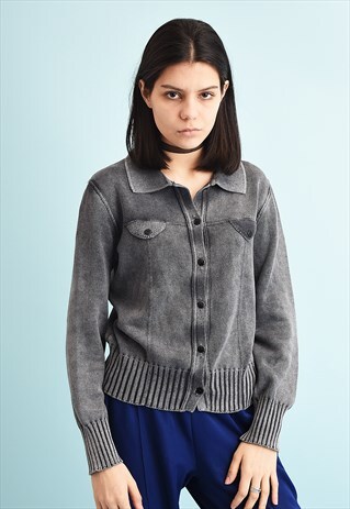 Y2K ACID WASH GRUNGE TEEN MONOCHROME KNIT CARDIGAN