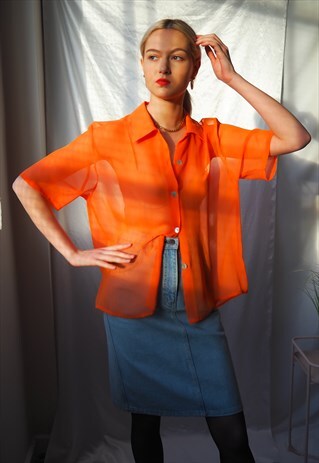 VINTAGE ORANGE SHEER BUTTON UP SHIRT