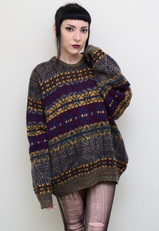 VINTAGE 90'S GRUNGE ABSTRACT PATTERNED CHUNKY KNIT JUMPER