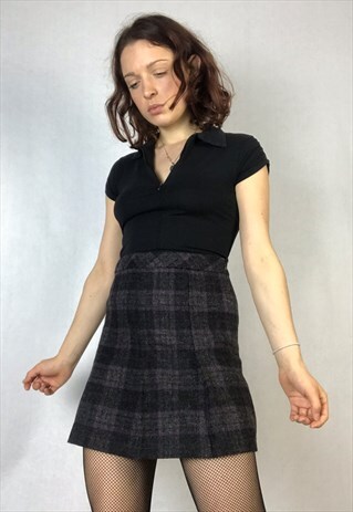 90S PURPLE THICK PLAID SKIRT