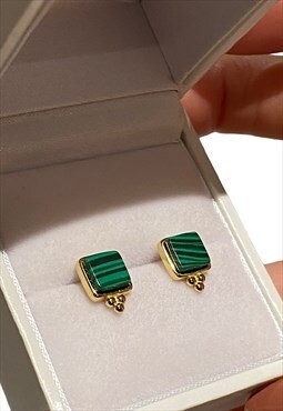 Gold on 925 Silver Square Malachite Green Studs, Holistic