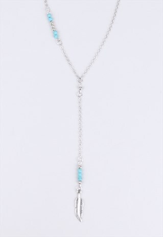 SILVER DROP DOWN LEAF NECKLACE WITH BLUE BEADS