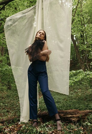 BLUE STRIPED HIGH WAIST PANTS WITH POCKETS