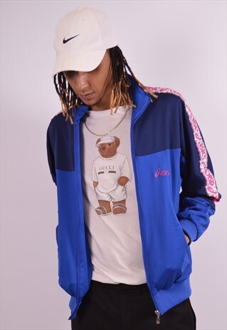 ASICS MENS VINTAGE TRACKSUIT TOP JACKET LARGE BLUE 90S