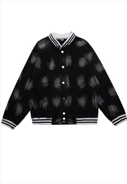 Tie-dye varsity jacket grunge denim bomber retro coat black