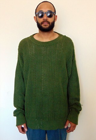 90S LUXURY CHUNKY THRASHED LINEN BLEND GREEN JUMPER LARGE