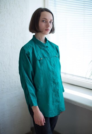 VINTAGE 80'S EMERALD GREEN SHIMMERING HIGH COLLAR SHIRT
