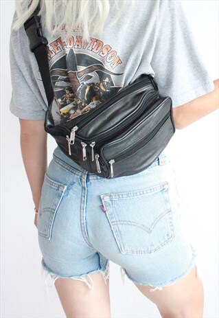VINTAGE 90S Y2K FESTIVAL BLACK LEATHER CROSS BODY BUM BAG