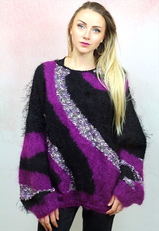 1980S VINTAGE PURPLE AND BLACK KNIT MOHAIR JUMPER
