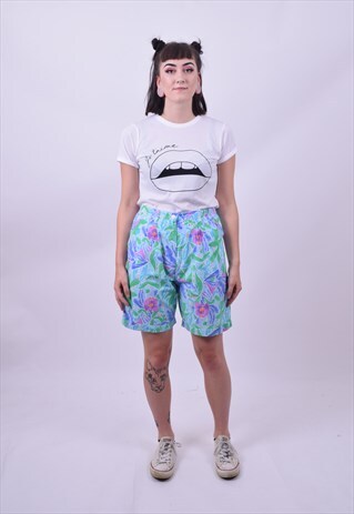 VINTAGE 80'S BLUE GREEN HAWAIIAN HIGH WAIST SHORTS 10 12