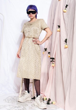 VINTAGE EVENING DRESS 50S BEIGE FLORAL WEDDING DRESS