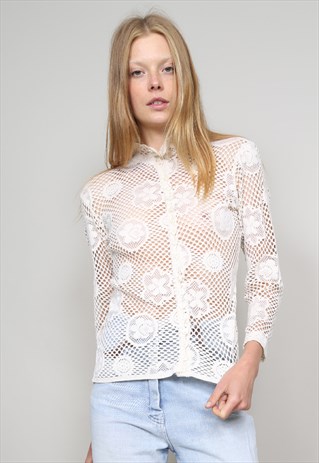 VINTAGE 70'S CREAM CROCHET LONG SLEEVE TOP