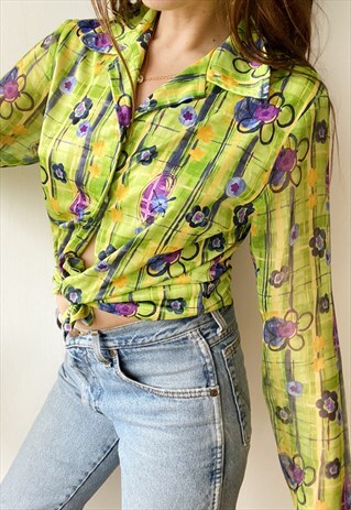 VINTAGE Y2K KITSCH CHECK FLORAL PRINT TOP BLOUSE MULTICOLOR