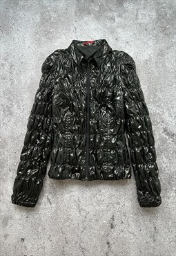 Prada Black Shiny Quilted Jacket Zip Stretch