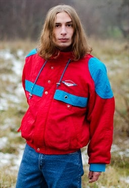 Vintage 90s Nylon Zip Up Winter Ski Jacket in Red&Turquoise