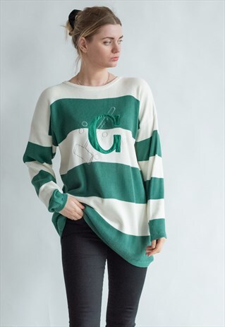 VINTAGE FUNKY 80S STRIPE GREEN JUMPER