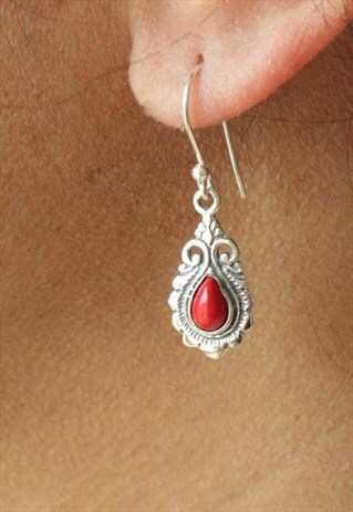 STERLING SILVER AND RED STONE EVENING EARRINGS