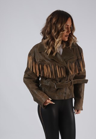 VINTAGE LEATHER FRINGE TASSEL JACKET 90'S UK 14 BROWN (ELBE)
