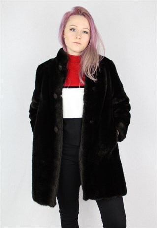 VINTAGE LONG FAUX FUR COAT IN DARK BROWN