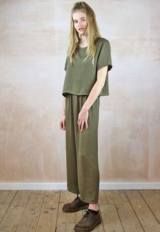 KHAKI GREEN SILKY CROP PANTS CO-ORDINATES