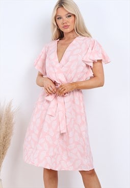 Summer Leaf Print Wrap Dress In Pink