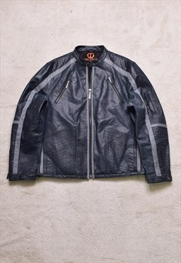 Tom Wolfe Blue Grey Real Leather Cafe Racer Jacket 