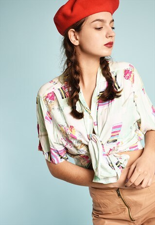 90'S RETRO PASTEL FLORAL PRINT FESTIVAL MOMS BLOUSE TOP