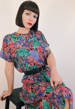 VINTAGE FLORAL LEAF PATTERN 80S VINTAGE MIDI DRESS
