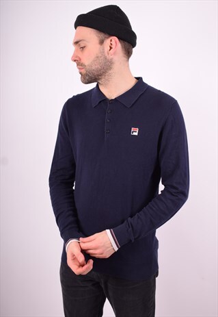 FILA MENS VINTAGE POLO NECK JUMPER LARGE NAVY BLUE 90'S