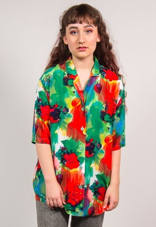 VINTAGE 90'S MULTICOLOUR FLORAL PRINT SHORT SLEEVE SHIRT