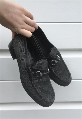 WOMENS VINTAGE GUCCI SHOES MONOGRAM PRINT LOAFERS IN GREY