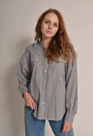VINTAGE 90S STRIPE PATTERN FITTED SHIRT IN WHITE AND BLACK
