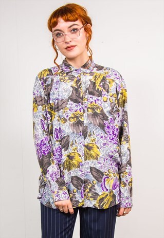 VINTAGE 90'S PURPLE FLORAL PATTERN LONG SLEEVE SHIRT