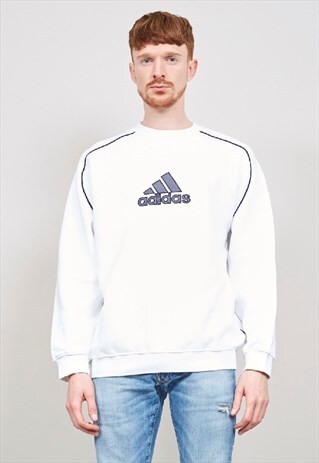 VINTAGE 90'S ADIDAS NAVY PIPED OVERSIZED WHITE SWEATER