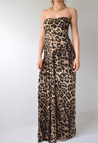 VINTAGE Y2K 00S LEOPARD PRINT LONG STRAPLESS RUCHED MAXI