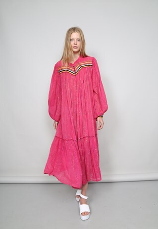 VINTAGE 70'S PINK INDIAN BOHO MAXI DRESS