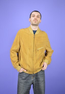 Vintage yellow suede leather bomber jacket