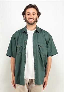 Vintage 80's Men Short Sleeve Shirt in Green