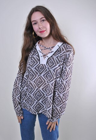 ABSTRACT PRINT VINTAGE WOMAN LACE LONG SLEEVE BLOUSE