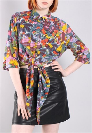 VINTAGE 70S HAWAIIAN FLORAL PATTERNED TIE SHIRT CROP TOP