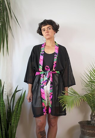 FESTIVAL MESH KIMONO WITH FLOWERS DETAILS