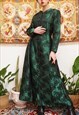 Vintage 80s Floral Satin Long Sleeve Evening Dress in Green