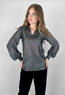 70's Vintage Black Silver Lurex Dagger Collar Blouse Top