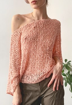 Vintage Y2K 00's Pastel Salmon Baggy Fishnet Sweater Jumper
