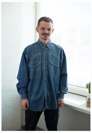 VINTAGE 80'S BLUE DENIM WESTERN STYLE SHIRT